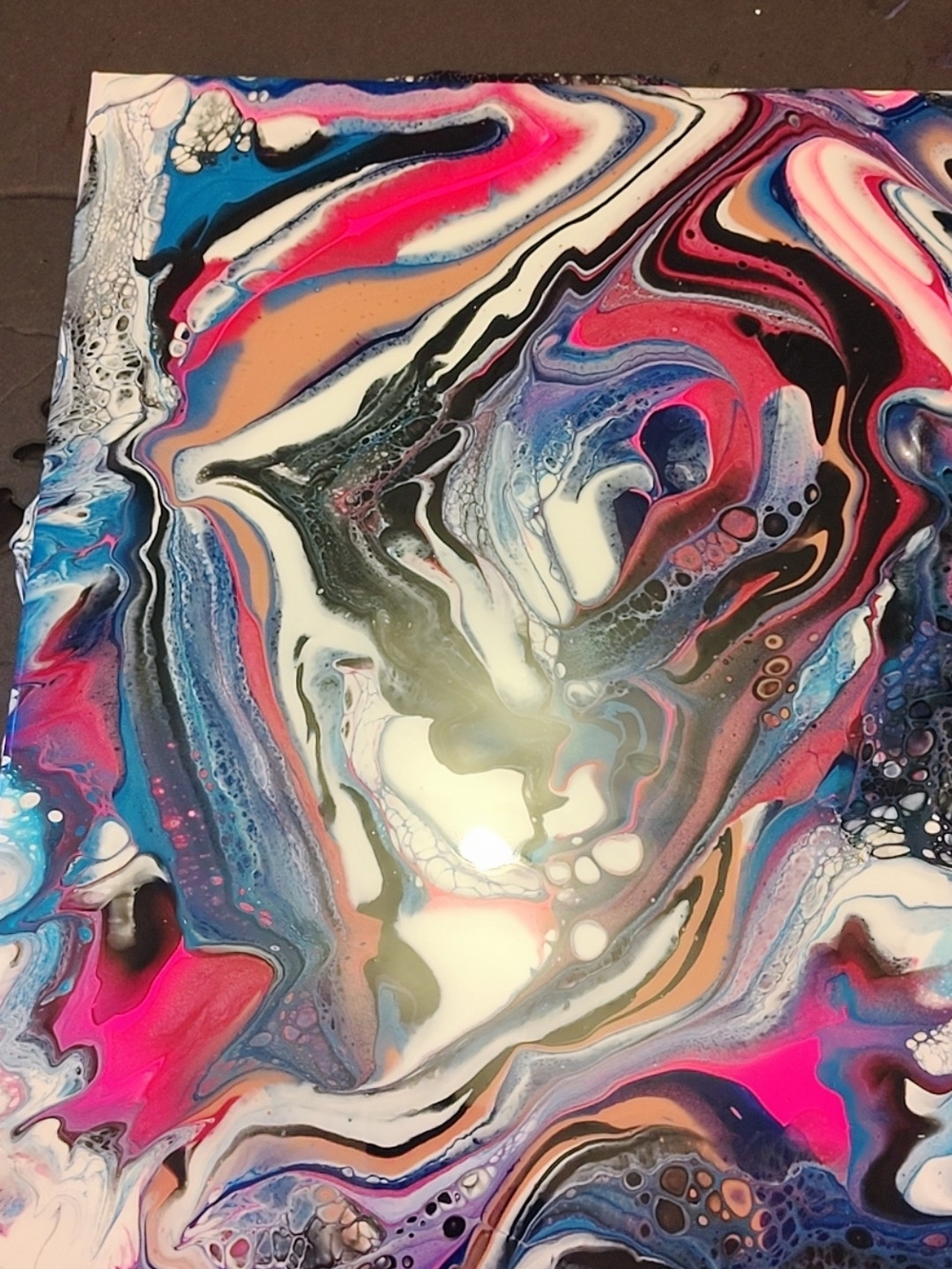 Vibrant Abstract Pour Painting - Pink, Blue & White Marbling